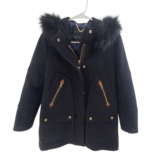 J. Crew Women's Hooded Zip Up Italian Standium Coat Black Size 4P Wool Black